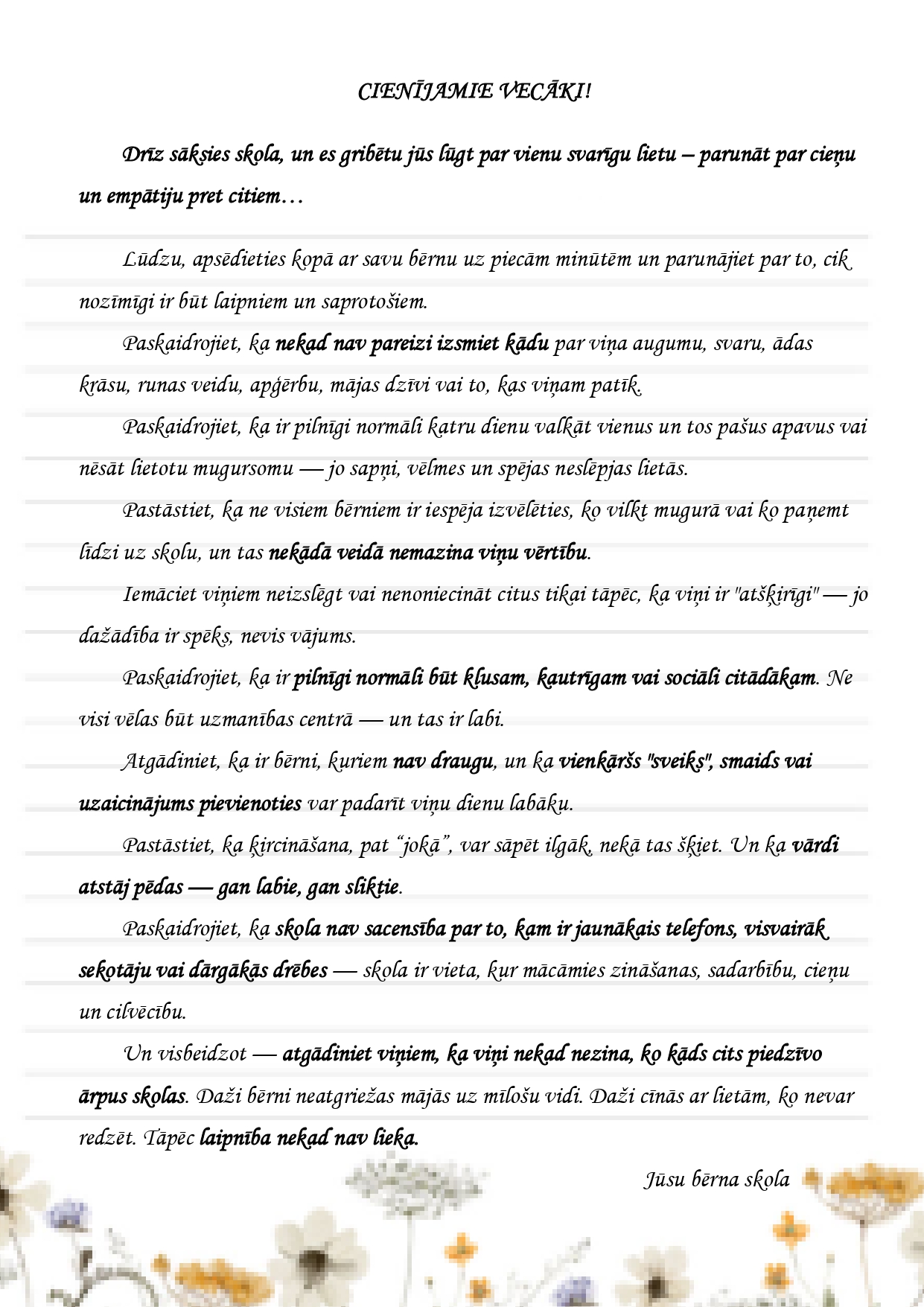 Vestule vecakiem no skolas